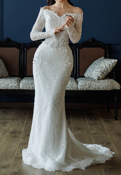 Long Sleeves Scoop V-Neck Mermaid Wedding Dress