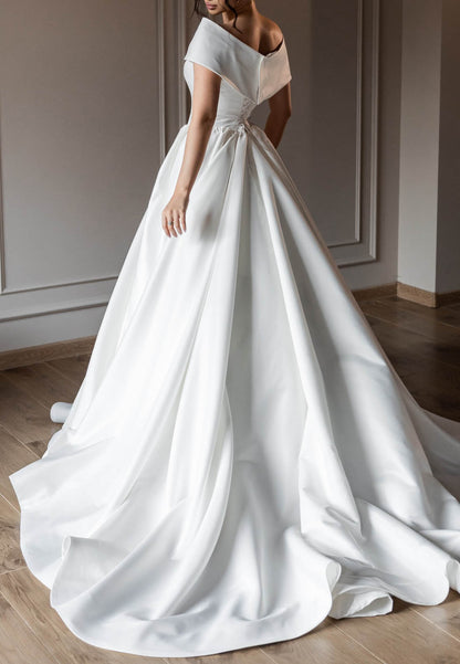 Off-Shoulder Empire-Waist Satin Wedding Dress
