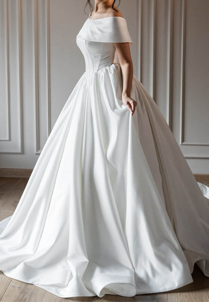 Off-Shoulder Empire-Waist Satin Wedding Dress