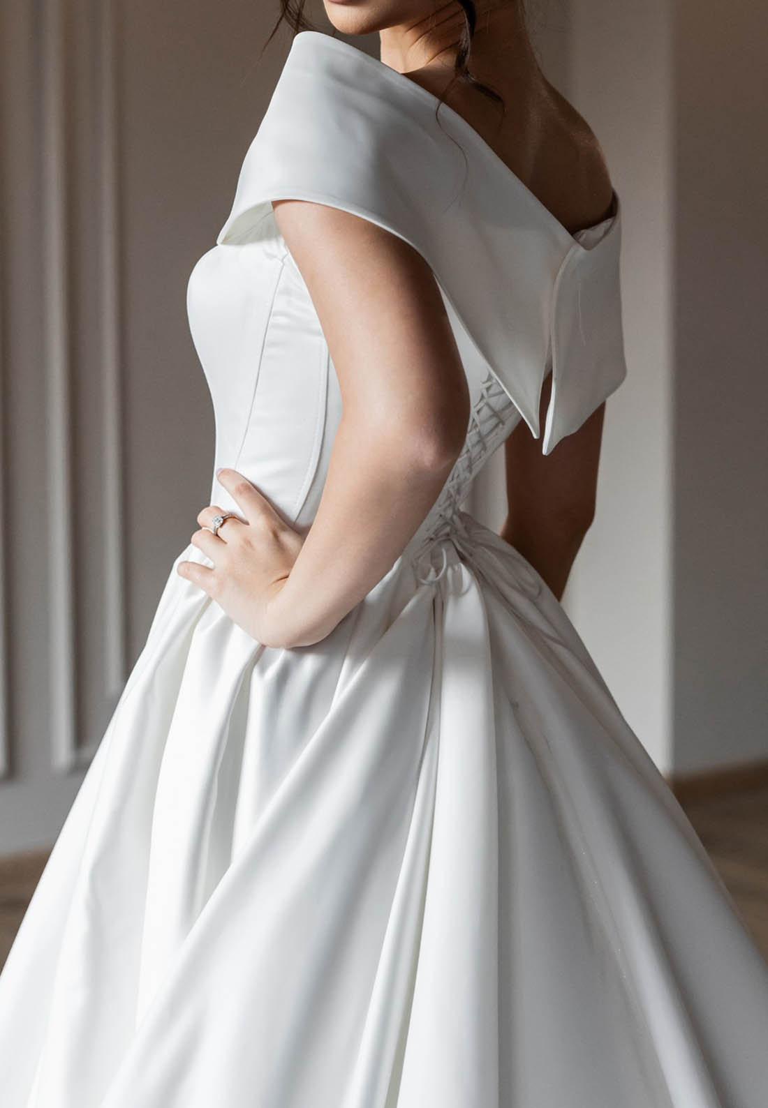 Off-Shoulder Empire-Waist Satin Wedding Dress