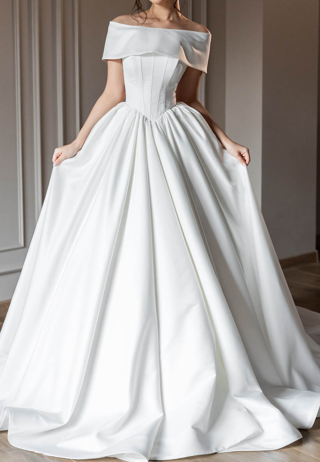 Off-Shoulder Empire-Waist Satin Wedding Dress
