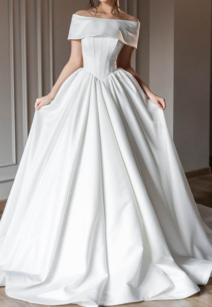 Off-Shoulder Empire-Waist Satin Wedding Dress