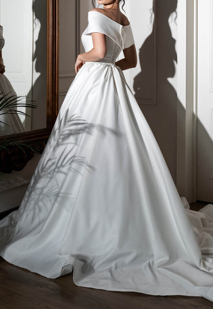 Off-Shoulder Empire-Waist Satin Wedding Dress