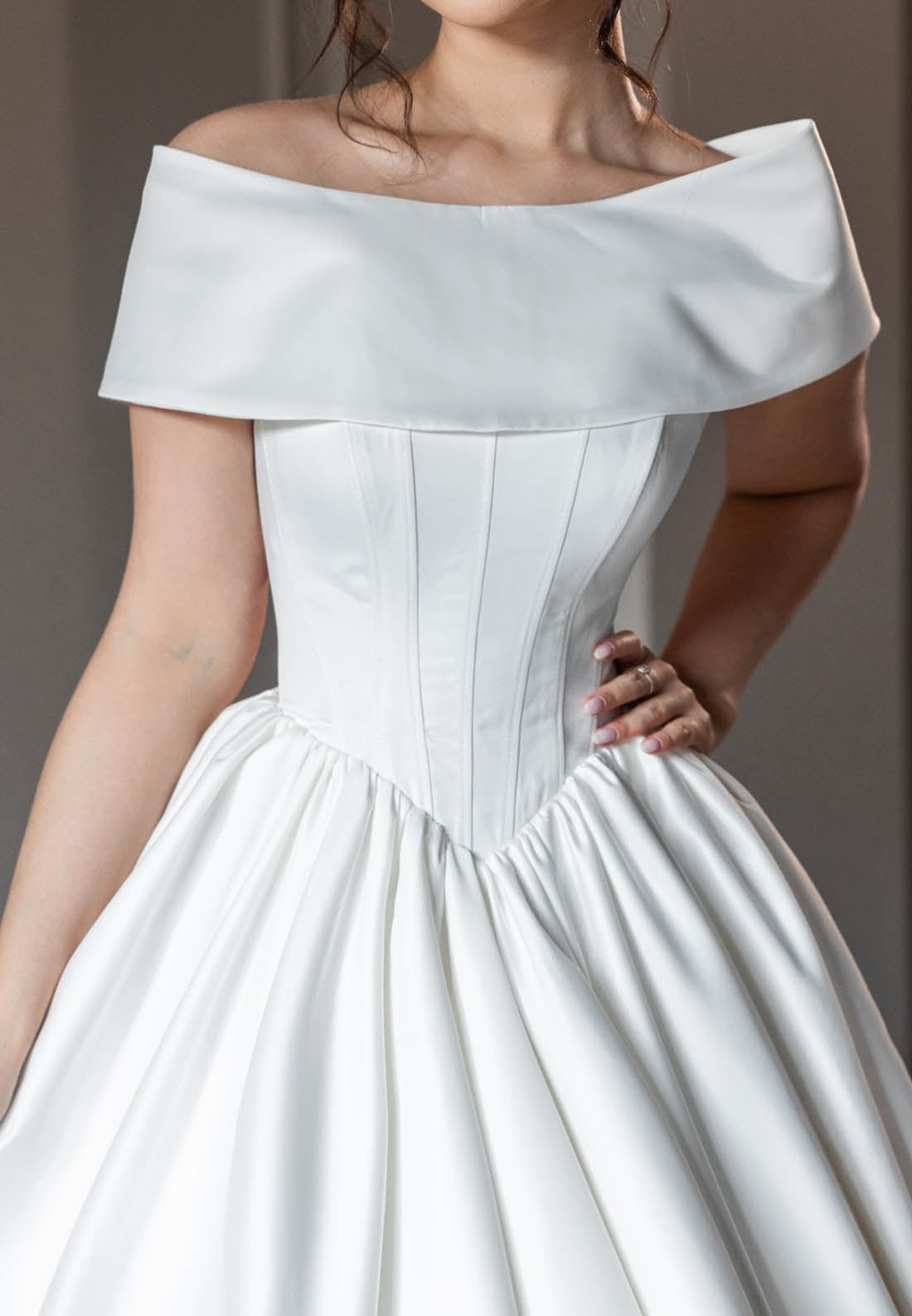 Off-Shoulder Empire-Waist Satin Wedding Dress