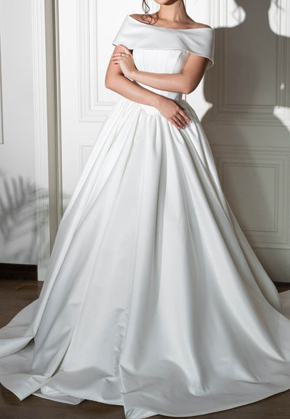Off-Shoulder Empire-Waist Satin Wedding Dress