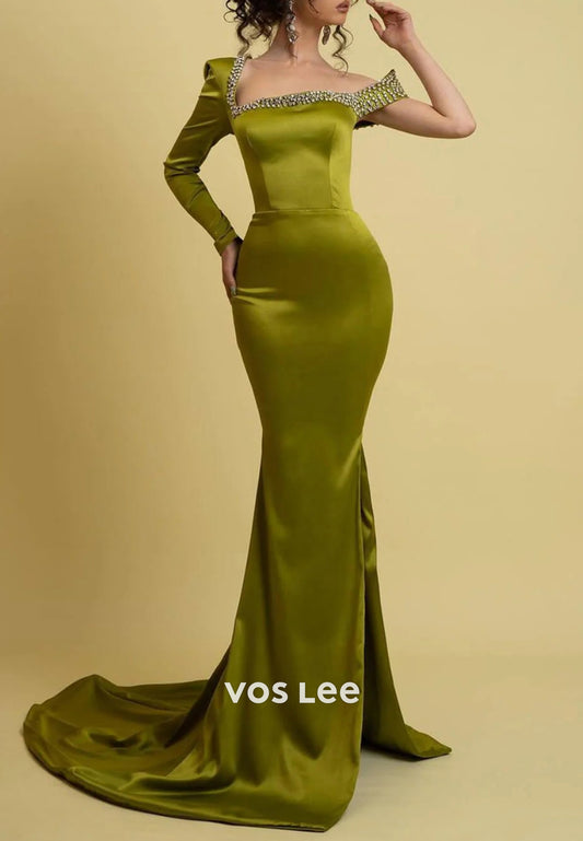 Long Sleeve Asymmetrical Neck Rhinestone Mermaid Evening Dresses with Sweep Train