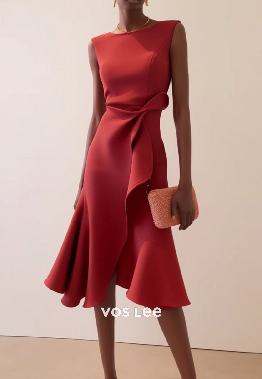 Classic & Simple Red  Scoop Sheath Pleated Party Dresses with Asymmetrical Split