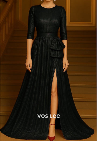 Elegant Gold O- Neck Split A-Line Long Evening Gowns