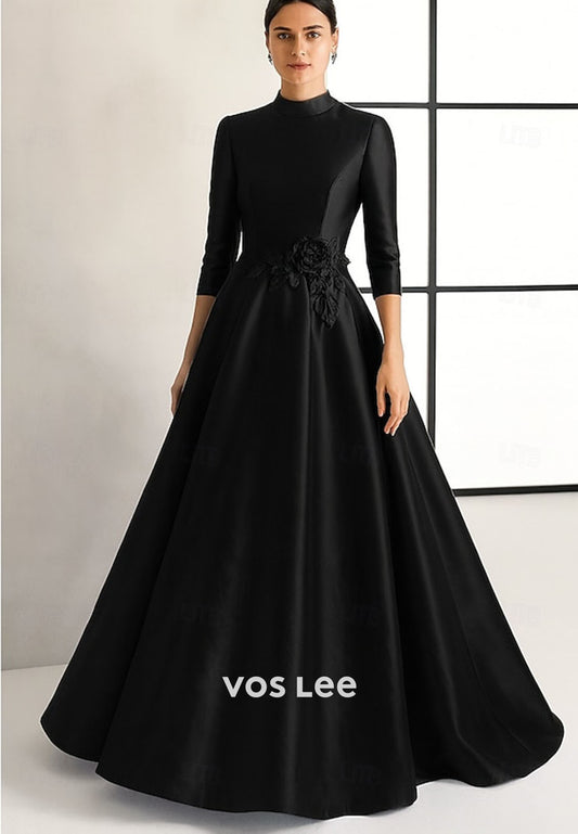 High Neck A-Line Gown – Satin Formal Dress with 3D Floral Appliqué