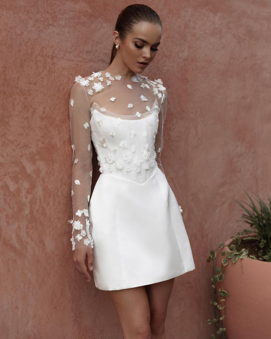 Modest Strapless Long Sleeves Illusion Lace Appliques Short/Mini Wedding Guest Dress