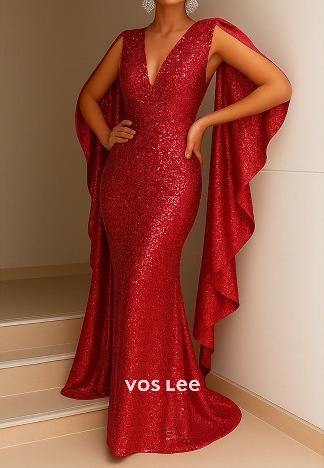 Glitter V-Neck Sequin Floor-Length Trumpet Evening Gowns  