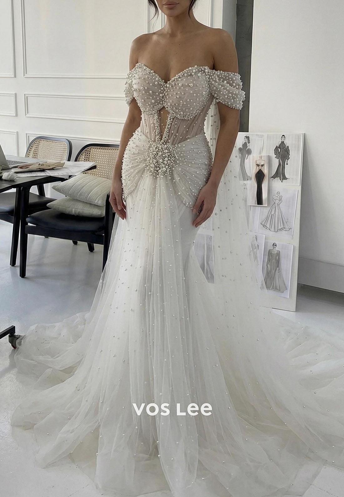 Luxury Sweetheart Off-the-Shoulder A line Evening Dress With Beads pearls