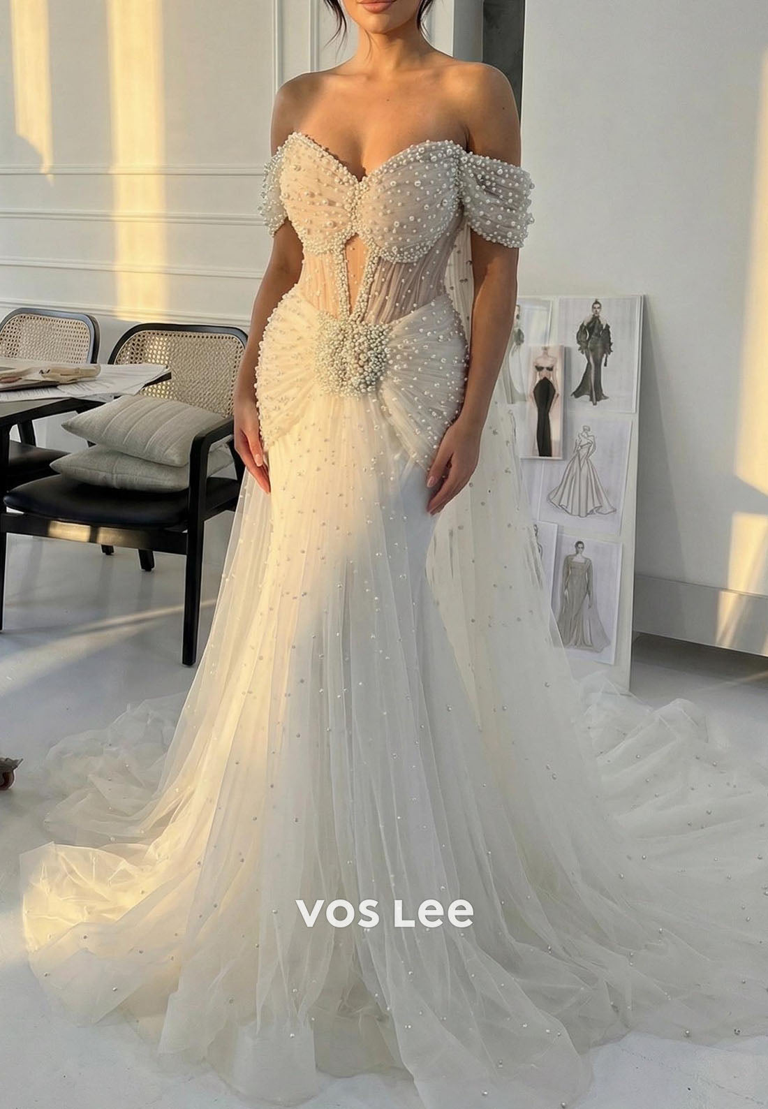 Luxury Sweetheart Off-the-Shoulder A line Evening Dress With Beads pearls