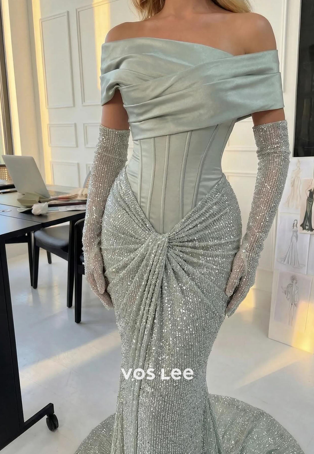 Off-the-Shoulder Sequins Mermaid Evening Gowns With Detachable Gloves