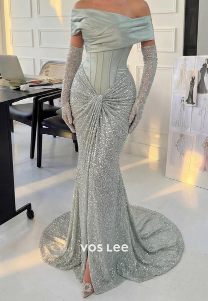 Off-the-Shoulder Sequins Mermaid Evening Gowns With Detachable Gloves