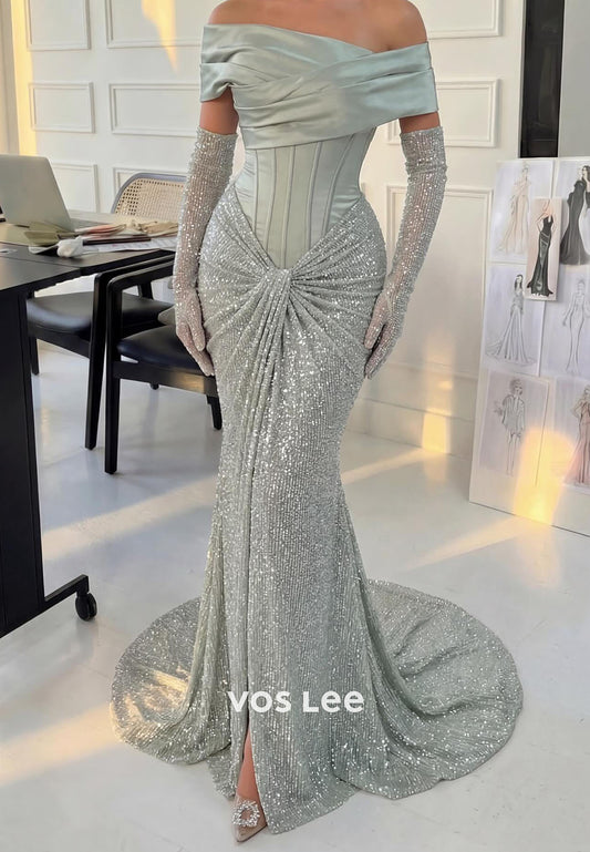Off-the-Shoulder Sequins Mermaid Evening Gowns With Detachable Gloves
