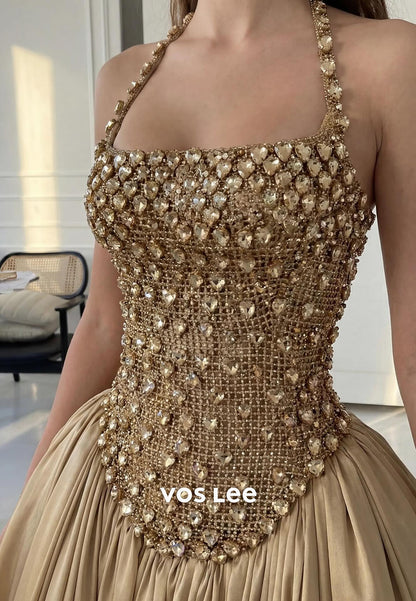 Champagne Beaded Halter Corset Ball Gown, Satin A-Line Prom Evening Dress