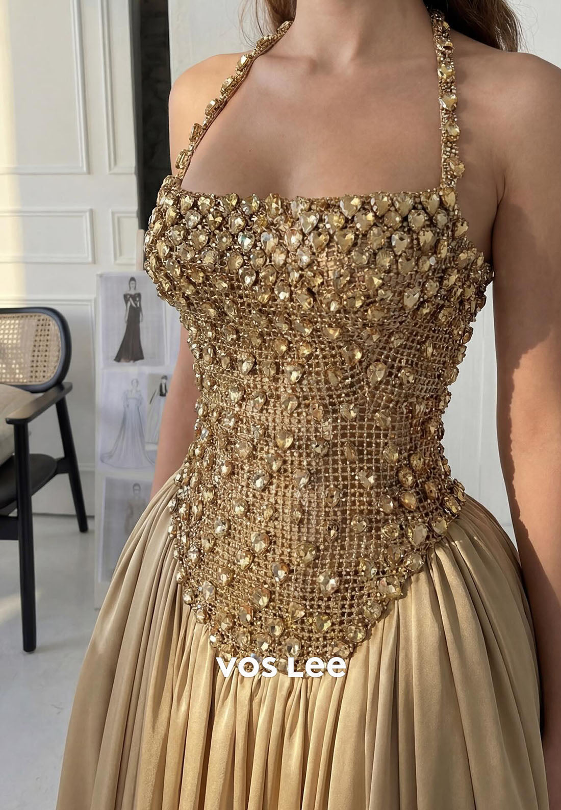 Champagne Beaded Halter Corset Ball Gown, Satin A-Line Prom Evening Dress