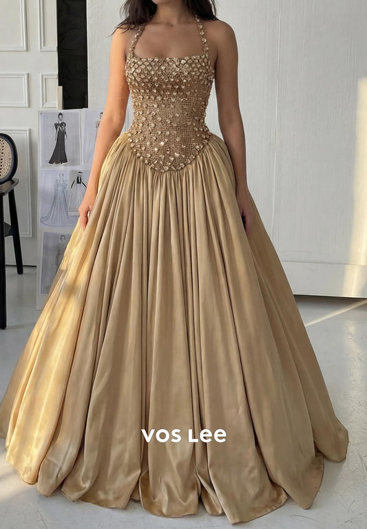 Champagne Beaded Halter Corset Ball Gown, Satin A-Line Prom Evening Dress