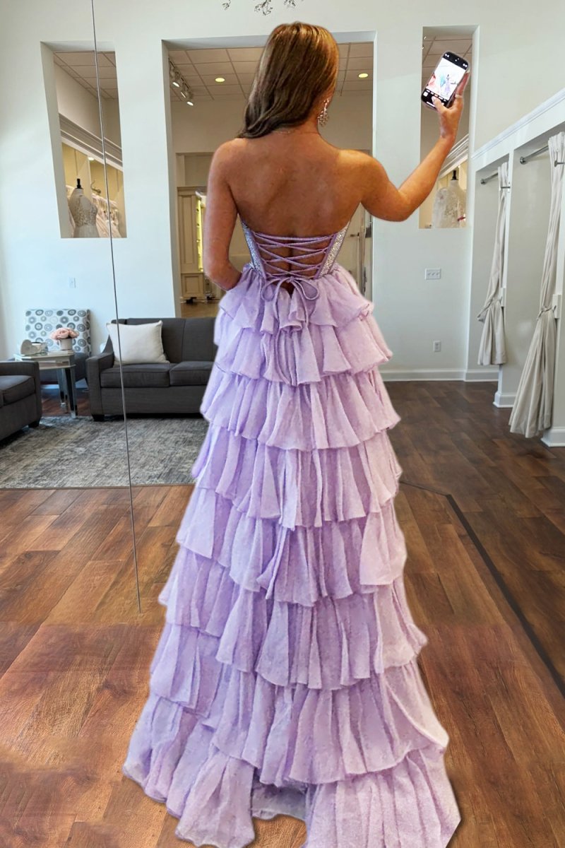 A Line Lavender Strapless Chiffon Beaded Corset Long Prom Dress With Slit
