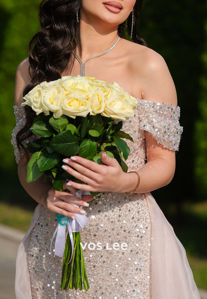Elegant Blush Sequin Mermaid Prom Dress Off Shoulder Formal Gown for Wedding Guest