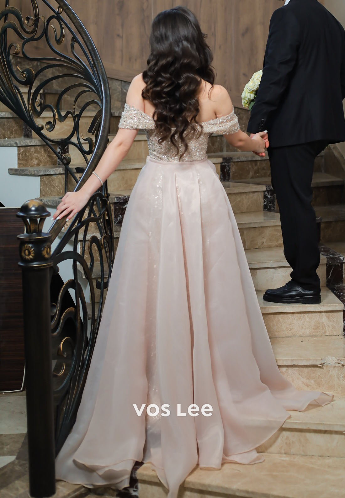 Elegant Blush Sequin Mermaid Prom Dress Off Shoulder Formal Gown for Wedding Guest