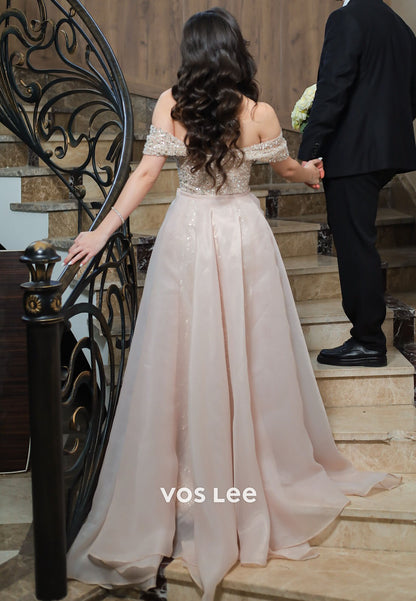 Elegant Blush Sequin Mermaid Prom Dress Off Shoulder Formal Gown for Wedding Guest