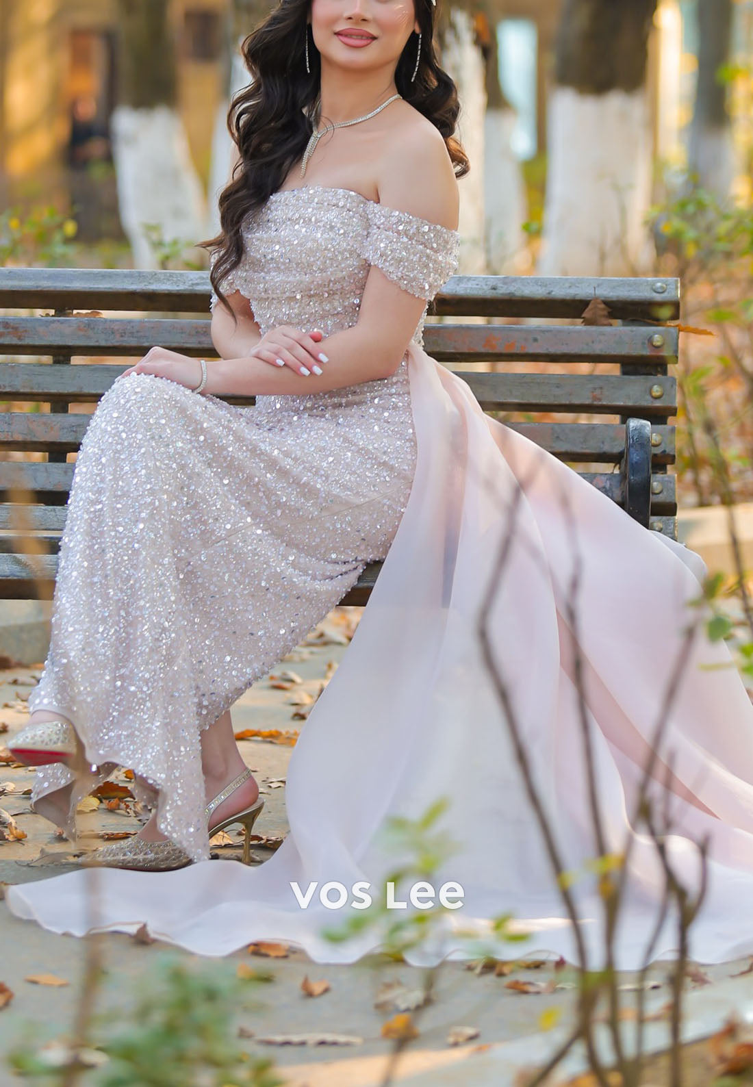 Elegant Blush Sequin Mermaid Prom Dress Off Shoulder Formal Gown for Wedding Guest