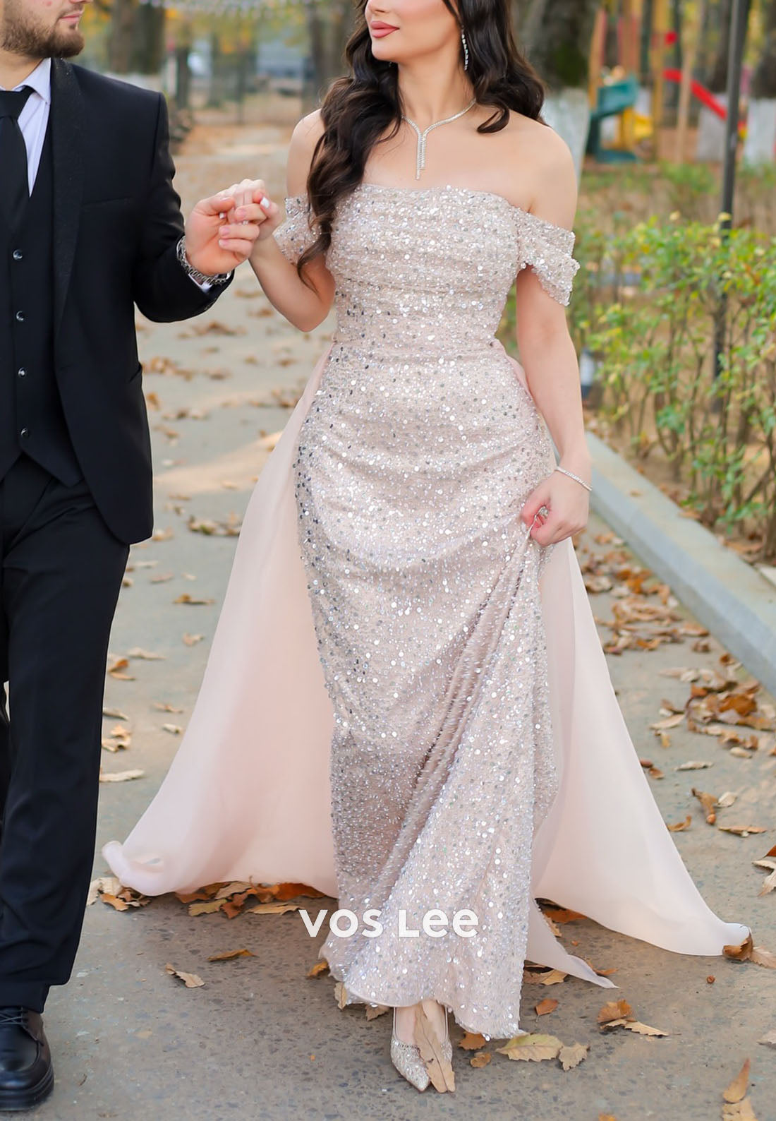 Elegant Blush Sequin Mermaid Prom Dress Off Shoulder Formal Gown for Wedding Guest