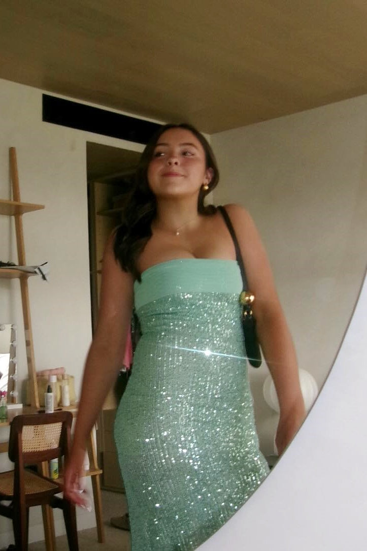 Cyan Sequin Strapless Bodycon Dress