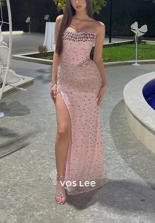 Sparkling Fully Sequined Rhinestone Mermaid Evening Dresses with Split Prom Dress