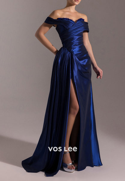 Off the Shoulder Sweetheart Pleated Beaded Sheath Evening Dresses with High Split