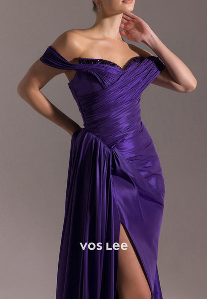 Off the Shoulder Sweetheart Pleated Beaded Sheath Evening Dresses with High Split