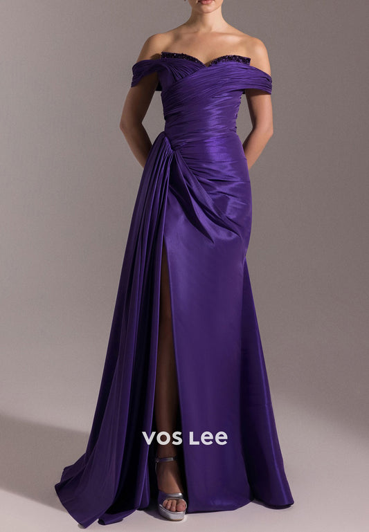 Off the Shoulder Sweetheart Pleated Beaded Sheath Evening Dresses with High Split