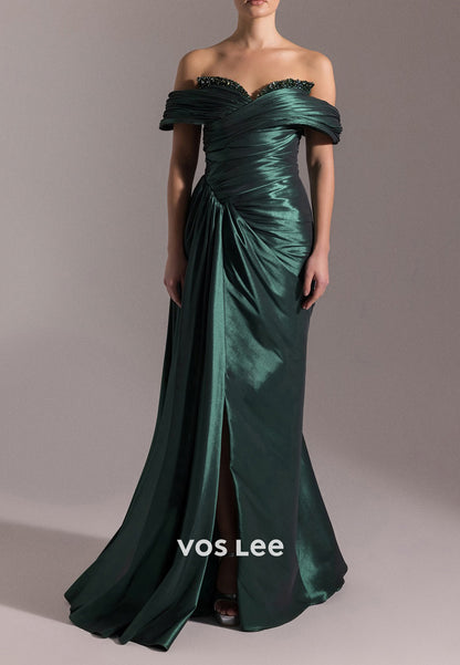 Off the Shoulder Sweetheart Pleated Beaded Sheath Evening Dresses with High Split