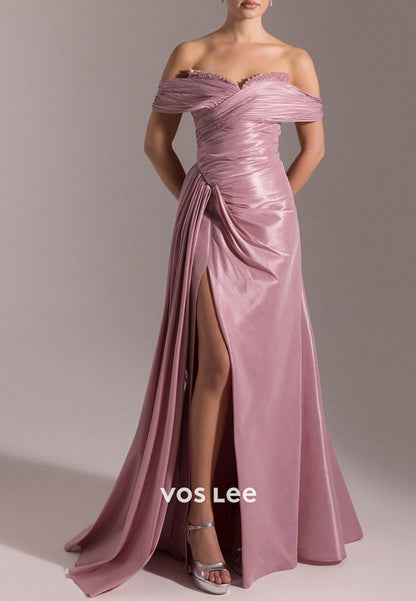 Off the Shoulder Sweetheart Pleated Beaded Sheath Evening Dresses with High Split