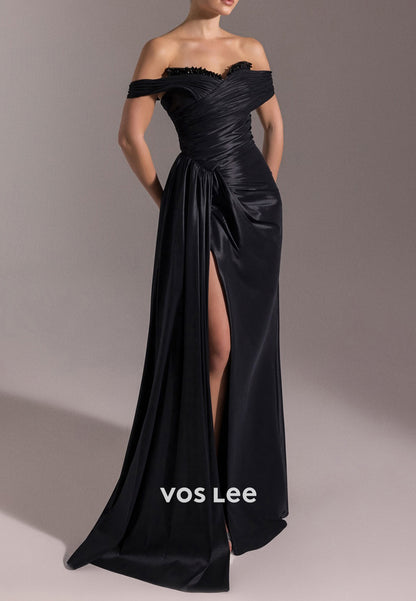Off the Shoulder Sweetheart Pleated Beaded Sheath Evening Dresses with High Split
