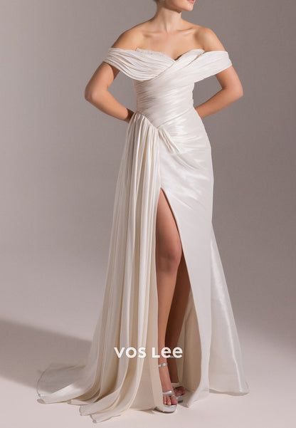 Off the Shoulder Sweetheart Pleated Beaded Sheath Evening Dresses with High Split
