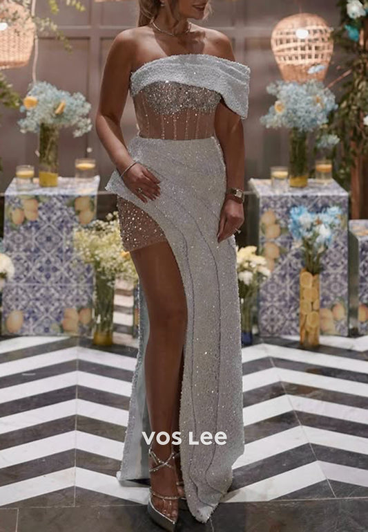 Sparkling Off the Shoulder Sequins Split Floor-Length Pleat Evening Dresses Gliiter Dress