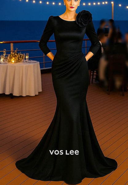 Elegant  Long Sleeves Pleat Evening Dress With 3D Flowers