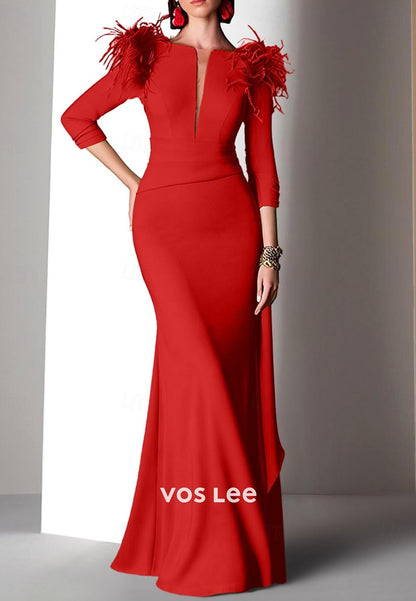 Gorgeous & Charming  Low V-Neck Long Sleeves feather Mermaid Evening Dress
