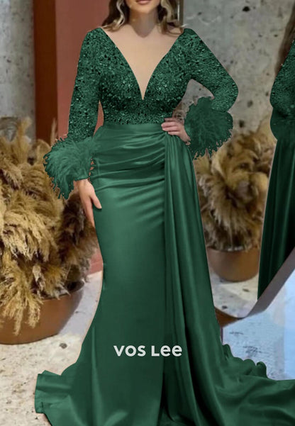 Sparkling V Neck Long Sleeves feather Mermaid Evening Dress with Court Train