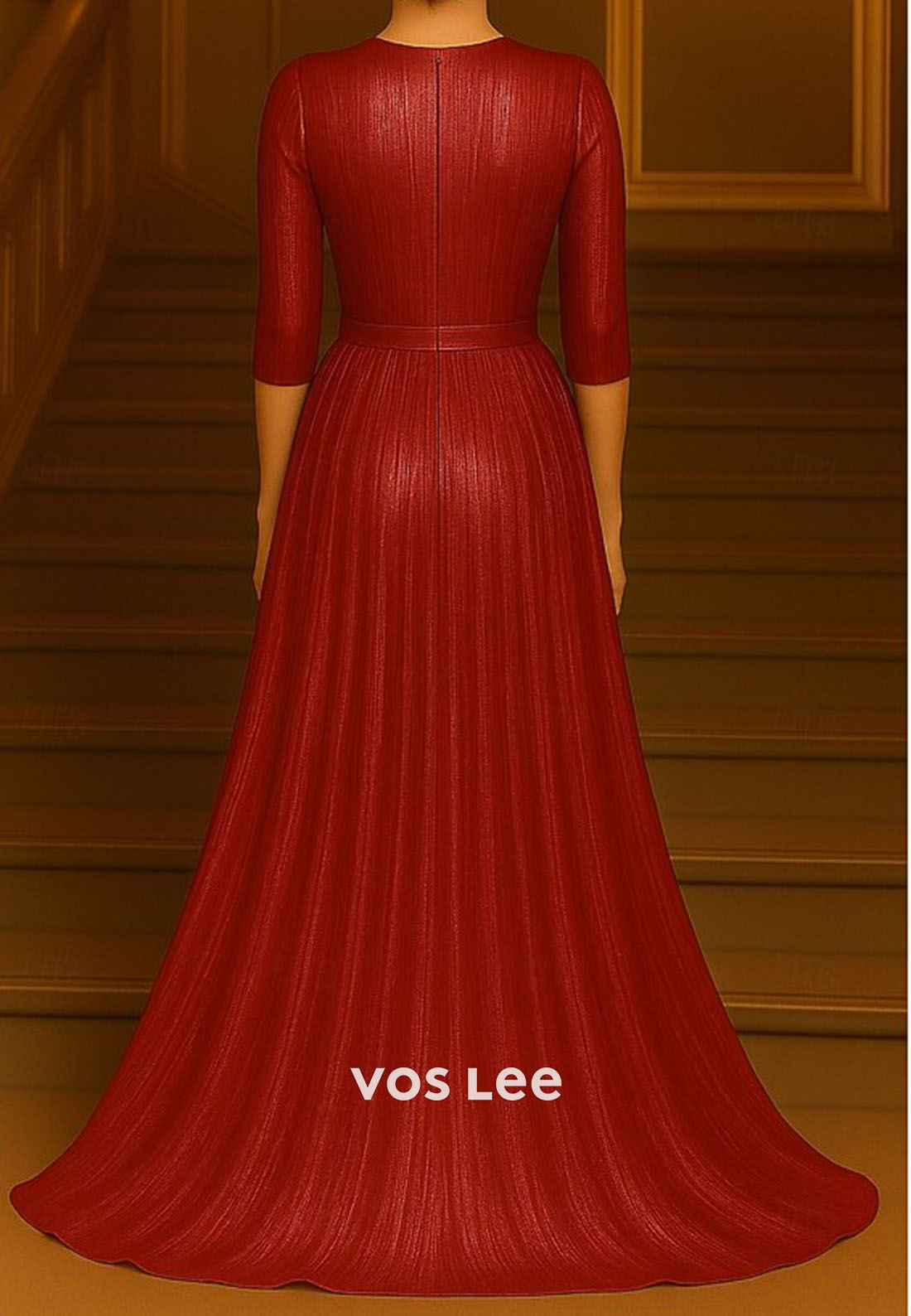 Elegant Gold O- Neck Split A-Line Long Evening Gowns