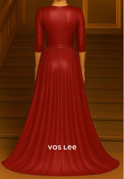 Elegant Gold O- Neck Split A-Line Long Evening Gowns