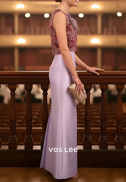 Lilac Satin Mermaid Mother of the Bride Gown with Beaded Illusion Bodice