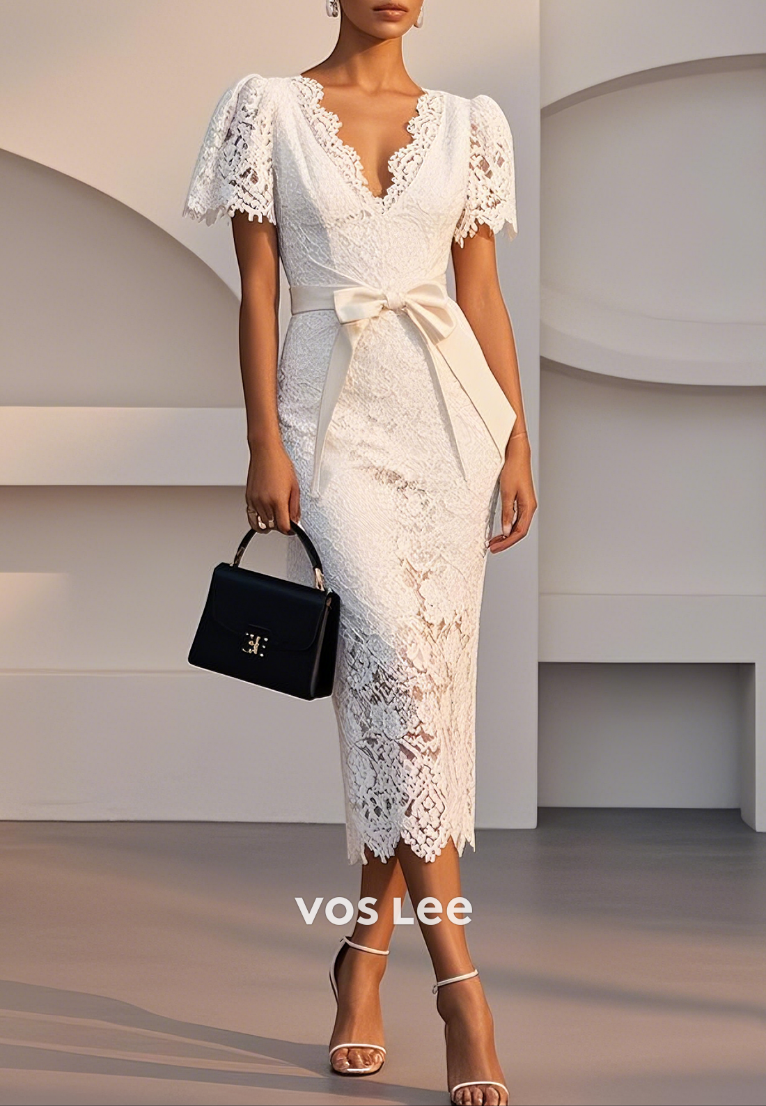 Short Sleeve White Bowknot Fully Lace V Neck Tea-Length Sheath Midi Party Dresses