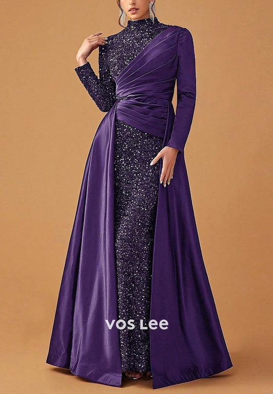 Stunning High-Neck Long-Sleeves Sequin Sheath Evening Dress Formal Gowns