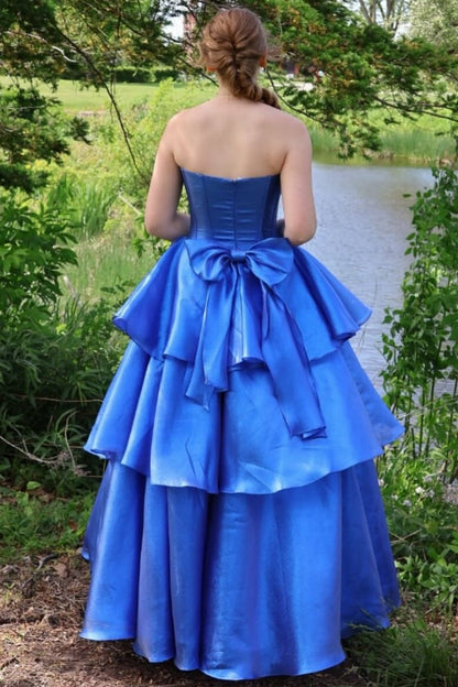 Strapless Aqua Tiered Back Bow Long Dress