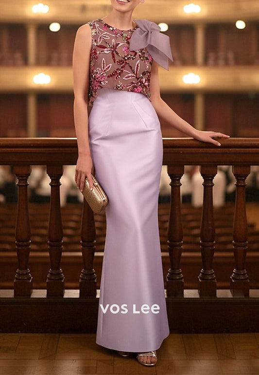 Lilac Satin Mermaid Mother of the Bride Gown with Beaded Illusion Bodice