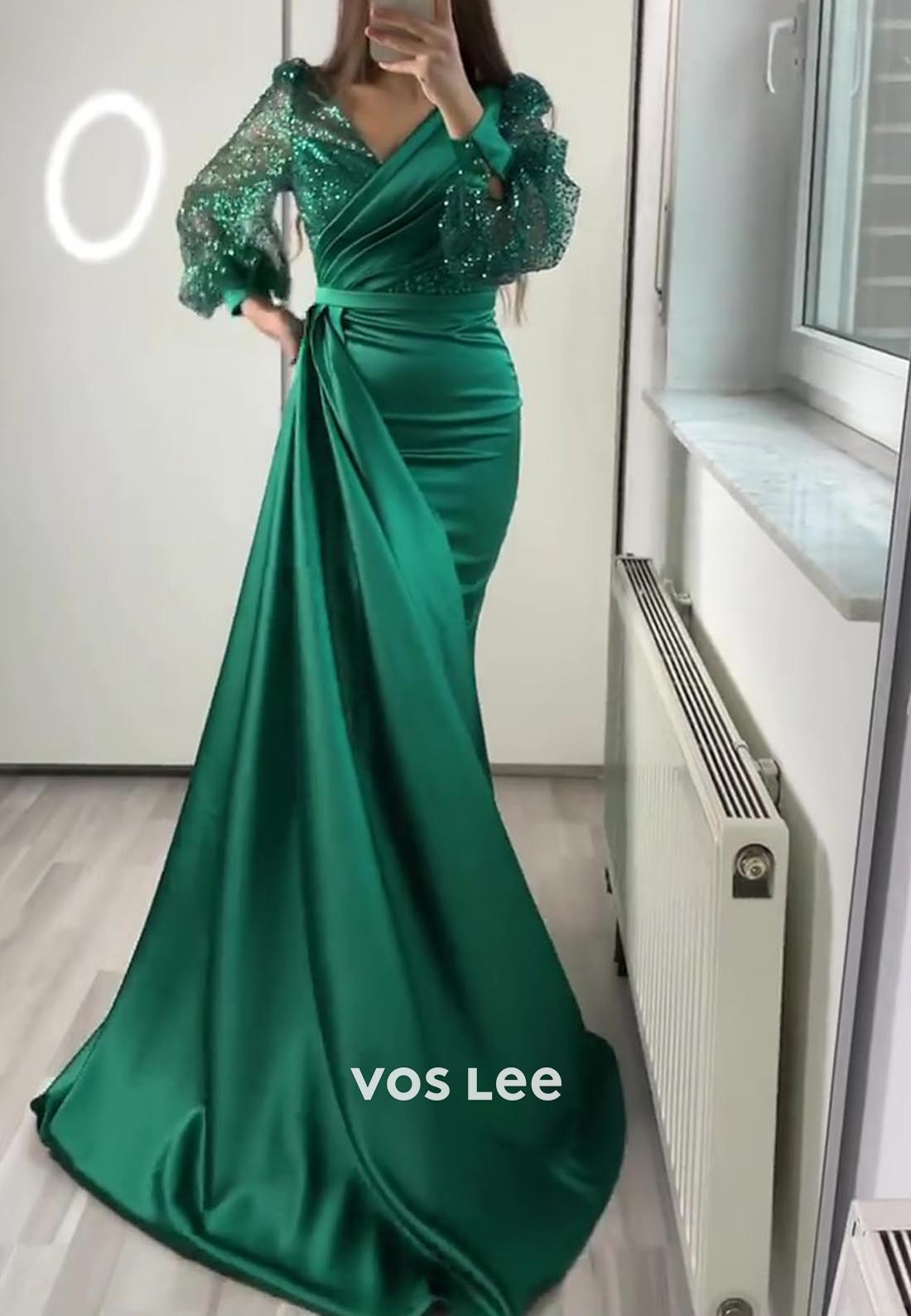 Long Sleeves Ruched Sequined Mermaid Evening Dress with Sweep Train